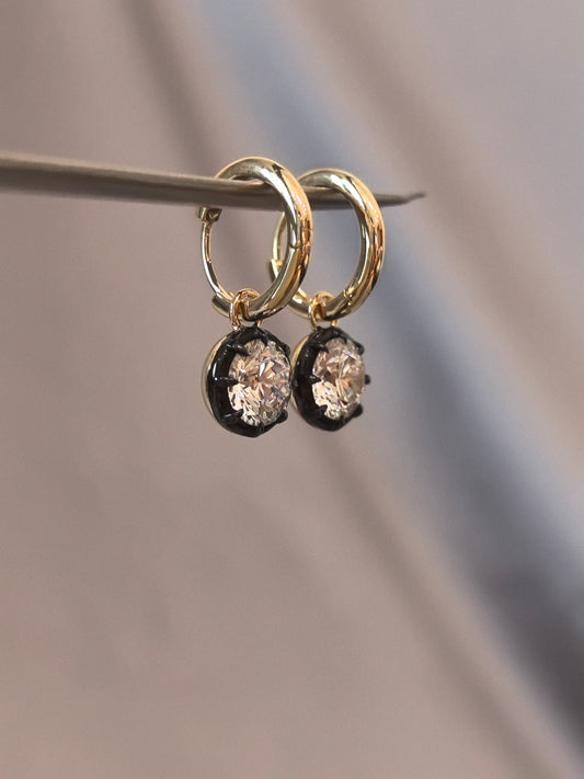 E-015 | Removable Gold Ball & Black-Rimmed Diamond Earrings | Hinged Huggie Hoop Closure |Smooth, Mirror-Like Polished Gold Ball Charm