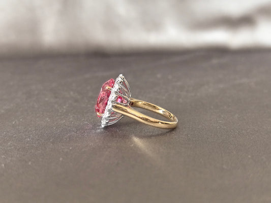 GR-010 | Oval-Cut Pink Tourmaline Diamond Halo Ring | Prong-Set | Elegant Colorful Statement Ring