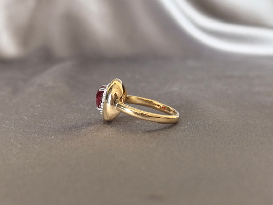 GR-011 | Heart Shaped Ruby Halo Ring | Textured Bubble Bezel Setting | Unique Textured Gold Jewelry