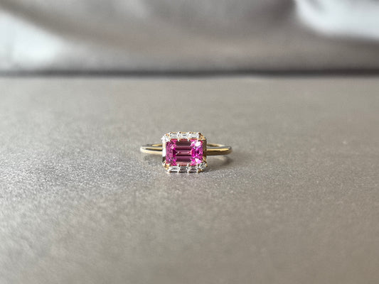 GR-006 | Emerald-Cut Lab-Grown Pink Sapphire Halo Ring | Polished High-Shine Comfort-Fit Band | Striking Pink & White Color Contrast