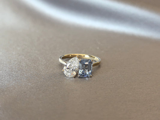 C-001 | Pear Diamond & Emerald-Cut Blue Sapphire Ring | Four-Prong-Set | Sophisticated Anniversary Gift Ring