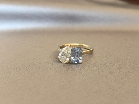 C-001 | Pear Diamond & Emerald-Cut Blue Sapphire Ring | Four-Prong-Set | Sophisticated Anniversary Gift Ring