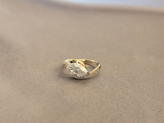 MA-21 | Marquise-Cut Diamond Bypass Ring with Pave Shank | Secure Partial Bezel-Set Center Diamond | Bridal & Wedding Jewelry