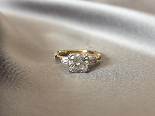 CU-007 | Cushion-Cut Diamond Engagement Ring | Baguette Accents | Bamboo-Inspired Textured Shank |