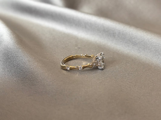 CU-007 | Cushion-Cut Diamond Engagement Ring | Baguette Accents | Bamboo-Inspired Textured Shank |