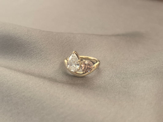 PE-021 | Pear & Pink Round Diamond Bypass Ring | Prong-Set | Symbolic Two-Stone “Toi et Moi” Design