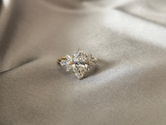 MA-025 | Marquise Floral Cluster Engagement Ring | Wing-Shaped Marquise Diamond Ring | Vintage Flower Marquise Solitaire Ring | Symmetrical Marquise Side Stone