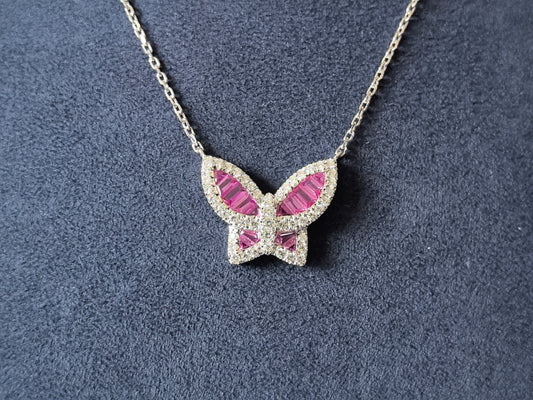 N-016 | Baguette Pink Sapphire Butterfly Necklace | Diamond Halo Wing Pendant | Adjustable 16-18 Inch Collarbone Jewelry | Feminine Everyday Butterfly Charm