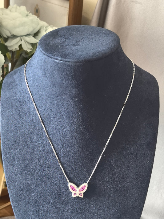 N-016 | Baguette Pink Sapphire Butterfly Necklace | Diamond Halo Wing Pendant | Adjustable 16-18 Inch Collarbone Jewelry | Feminine Everyday Butterfly Charm