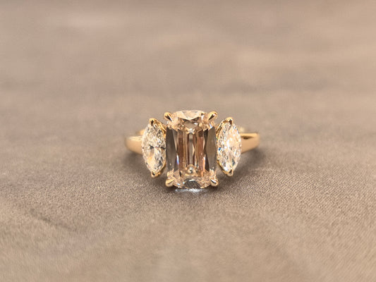 Juno Diamond EM-036 | 2 Carat Champagne Emerald-Cut Lab-Grown Diamond Three-Stone Ring with Leaf Gallery Ring