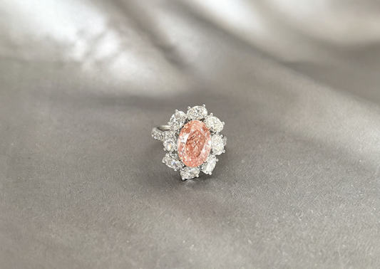 OV-047|Oval-Cut Pink Lab Diamond Halo Ring|Half Eternity Ring|Prong&Pave-Set |Luxury Bridal Jewelry