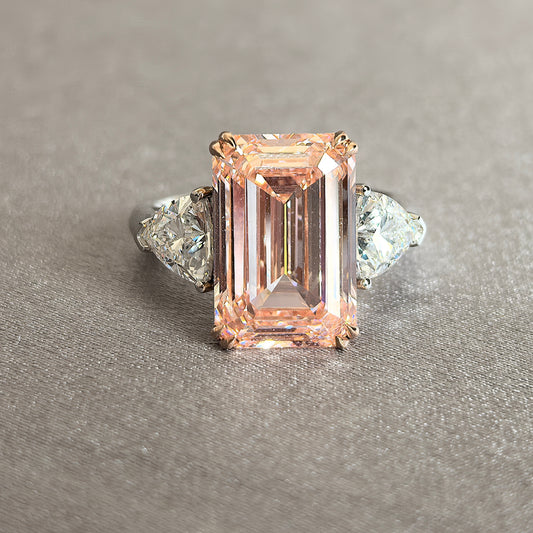 Juno Diamond EM-014 | Pink-Orange Emerald-Cut Lab-Grown Diamond Three-Stone Ring With Trillion Side Diamonds