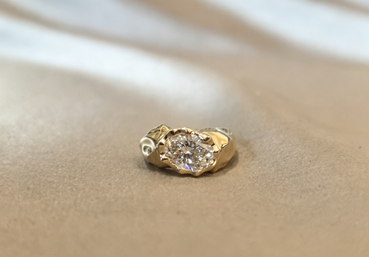 OV-045|Organic sculptural gold solitaire ring|Molten bezel-set oval lab diamond ring|Secure bezel-set