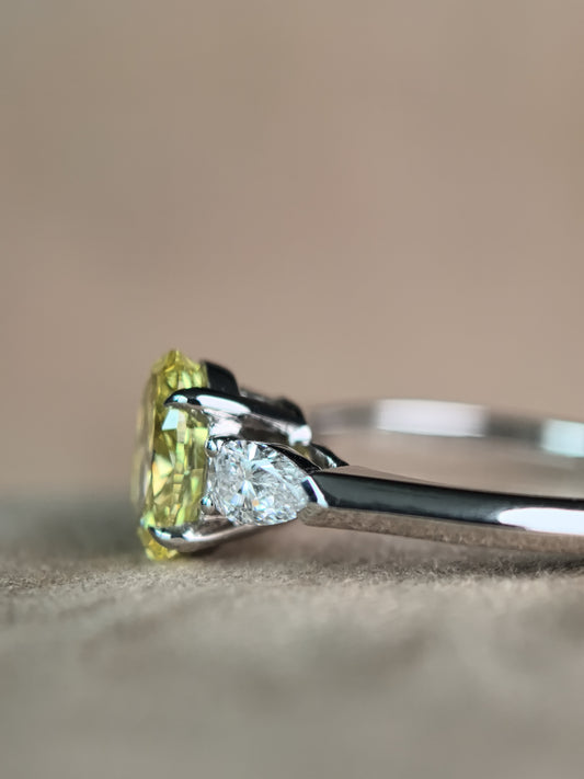Juno Diamond Fancy Vivid Yellow Oval Pear Three-Stone Ring