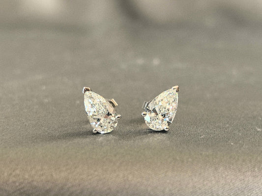 E-012|Pear Cut Lab Diamond Stud Earrings | Three-Prong Solitaire Setting | Minimalist Everyday Wear