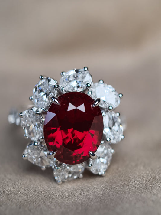 Juno Diamond 6-Carat Pigeon Blood Ruby Halo Ring