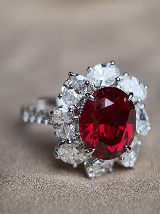 Juno Diamond 6-Carat Pigeon Blood Ruby Halo Ring