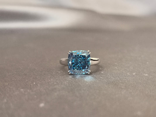 GR-004 |Blue Cushion Shape Diamond | Four Prong Setting | Round Shank | Hypoallergenic Fine Jewelry