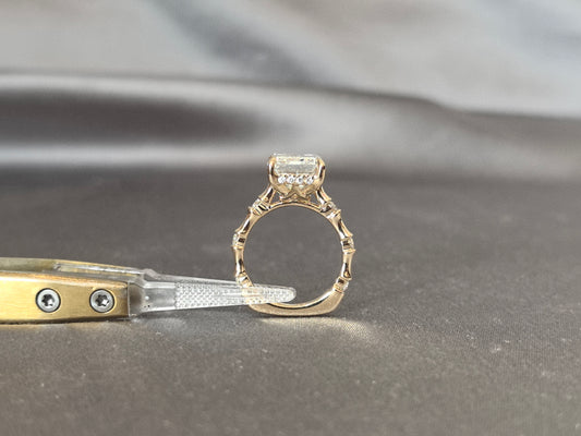 E-005 | Emerald Cut Diamond Ring | Bamboo Shank Engagement Ring | Minimalist 4-Prong Set