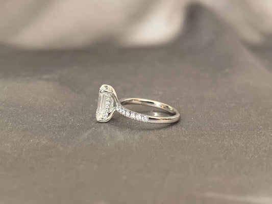 E170 | 2 Carat Emerald Diamond | Hidden Halo | Diamond Accents | Round Shank | 14k White Gold Ring