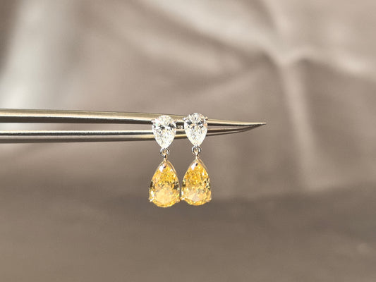 GR-003 | Pear Shape Yellow Diamond Earrings with Pear Shape Side Stones | Unique Design | Hypoallergenic Fine Jewelry