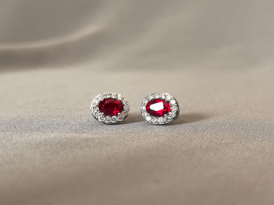 E-019 | Ruby Earrings | Oval Cut Lab-Grown Ruby Stud Earrings | Micro-Pavé Diamond Halo Earrings | Screw-Back Posts for Secure Wear