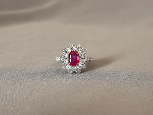 GR-008 |Pigeon Blood Ruby Ring | Nature Ruby | Round Diamond Accents | Round Shank | Dual Layer Mixed-Cut Diamond Halo