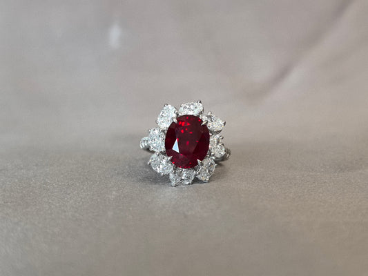 6-Carat Pigeon Blood Ruby Halo Ring