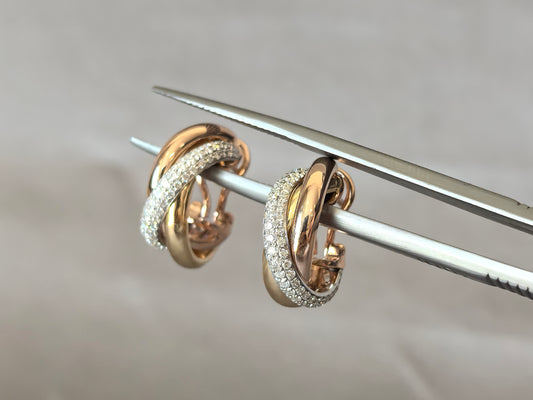 Triple Hoop Earrings | Full Diamond, Rose Gold & Yellow Gold | 14K Gold | Elegant Stackable Design