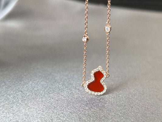 GB-003 | Red Agate Gourd Station Bracelet, Diamond Halo Adjustable Bracelet | Rose Gold Good Luck Charm Bracelet | Prosperity Symbol Gourd Jewelry