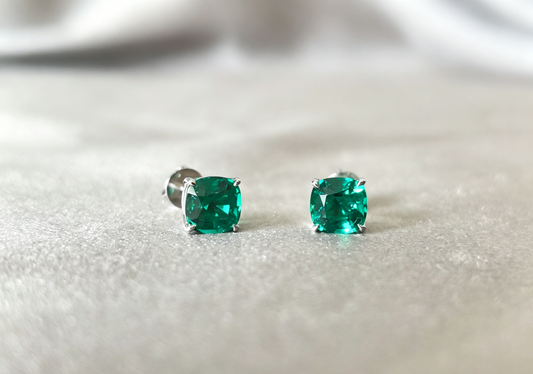 GE-001|Cushion Cut Lab-Grown Stud Earrings|Green Gemstone Studs| 4-Prong Basket Setting|