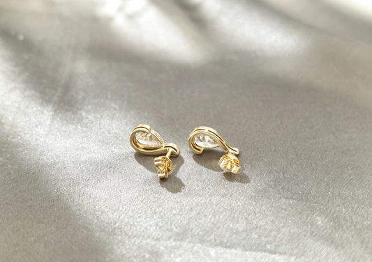 E-013|Pear Cut Lab Diamond | Half Bezel-Set Stud Earrings | Modern Curved Design | Minimalist Everyday Wear