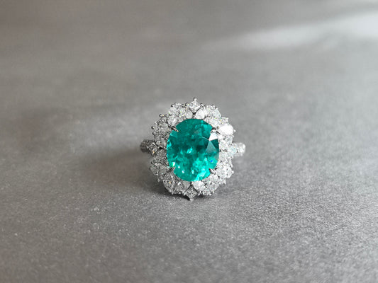 5.8 ct 7.4g Oval Paraiba Ring | Mixed Cut Halo (Round & Pear Diamonds)