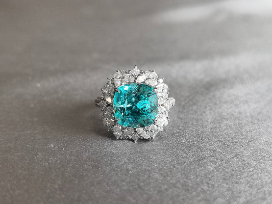 8.2ct 7.8g Cushion Cut Paraiba Ring | Mixed Diamond Halo (Round, Marquise & Pear)