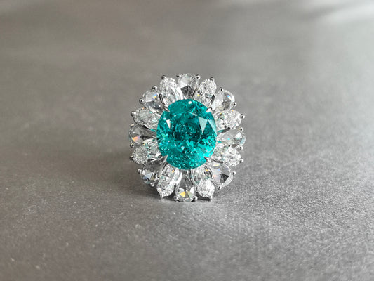 13ct 6.35ct 12g Oval Paraiba Tourmaline Ring | 3D Double Halo Lab Grown Diamonds