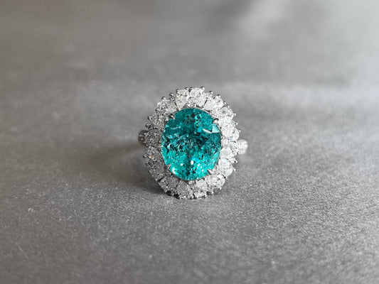 9.3ct  8g Oval Paraiba Tourmaline Ring | 3D Double Halo Lab Grown Diamonds