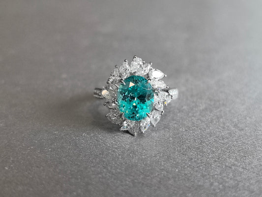 4.9ct 6g Oval Paraiba Tourmaline Sunflower Ring | Pear Diamond Halo