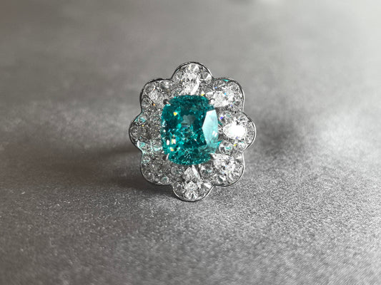 8.4ct 8.8g Elongated Cushion Paraiba Ring | 3D Double Halo (Pear & Round Diamonds)