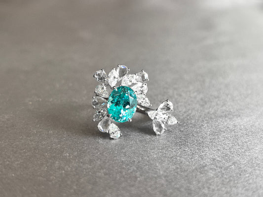 5ct 6.6g Oval Paraiba Tourmaline Ring | Open Band with Pear & Marquise Diamonds
