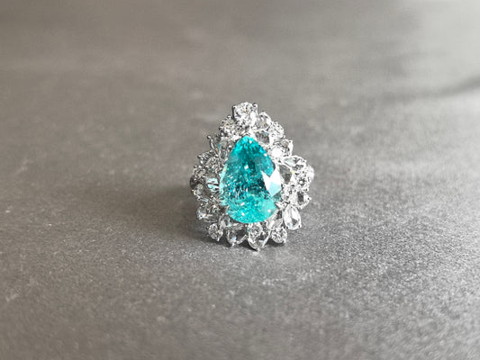 7.5ct 9.2g Pear Cut Paraiba Ring | Double Halo (Pear & Round Diamonds) | Half Pavé Band