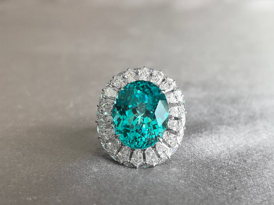 24.3ct 12.9g Oversized Paraiba Tourmaline Ring | Double Halo (Shield & Marquise Diamonds)