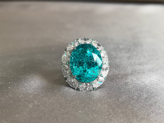 29.33ct 17.6g Paraiba Ring: Oval Diamond Frame with Mini Round Paraiba Accents