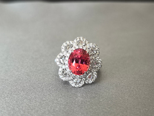 4.7ct 7.7g Oval Padparadscha Sapphire Lab Gemstone Ring | Intricate Floral Openwork Design