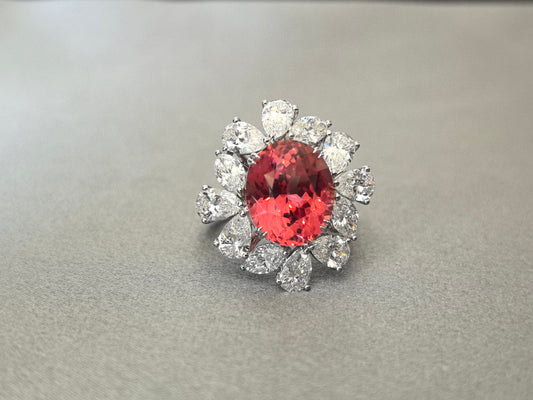 7.3ct 3.6g Sunrise Oval Padparadscha Sapphire Ring | Half Pavé Band | Lab-Grown Gemstone