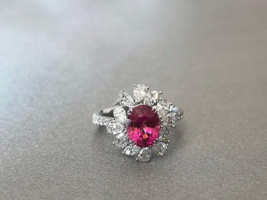 2.1ct 4.5g Oval Padparadscha Pink Sapphire Ring | Pear Diamond Halo | Lab-Grown