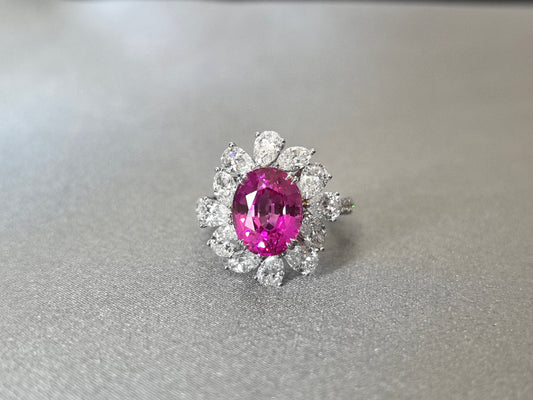 4.1ct 5.6g Oval Padparadscha Pink Sapphire Ring | Pear Diamond Halo | Lab-Grown