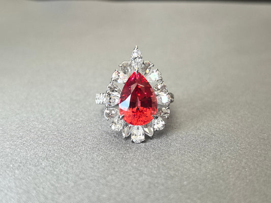 5.5ct 7g Pear Cut Pinkish Orange Sapphire Ring | Pear & Marquise Diamond Halo | Lab-Grown