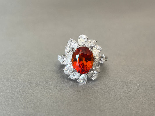 3.8ct 5.7g Oval Vivid Orange Padparadscha Sapphire Ring | Pear & Marquise Diamond Halo