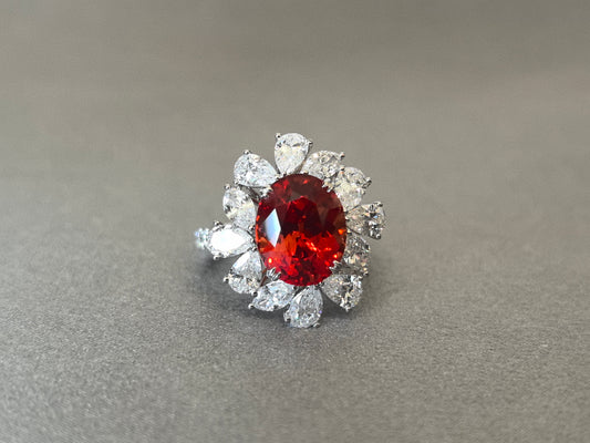 5.8ct 7.3g Big Oval Vivid Orange Padparadscha Sapphire Ring | Pear & Marquise Diamond Halo