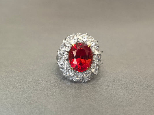 6.3ct 8.1g Oval Vivid Orange Padparadscha Sapphire Ring | 3D Double Teardrop Halo | Lab-Grown